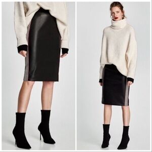 ZARA faux leather midi skirt with houndstooth stripes Size Medium